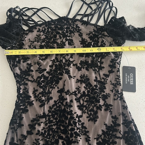 GUESS Velvet Flocked Bodycon Dress Cutout Mesh Strappy Sexy Black Dress Size 4 - Picture 15 of 15